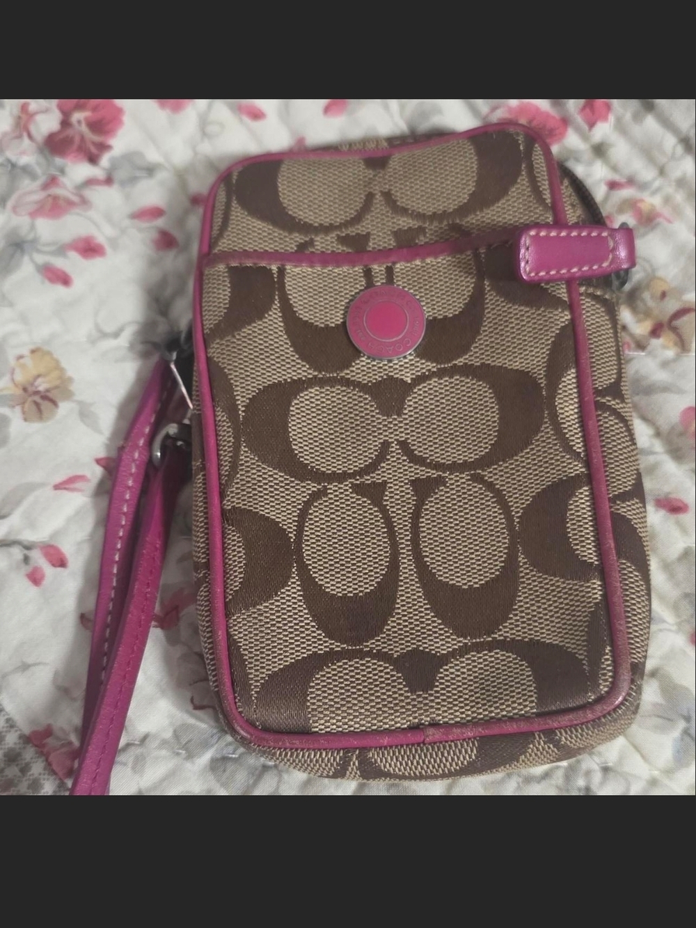 Vintage Coach Brown Signature Canvas Wristlet with Pink Trim